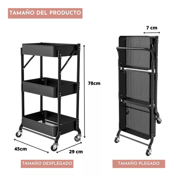 Carro organizador 3 niveles plegable negro