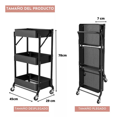 Carro organizador 3 niveles plegable negro