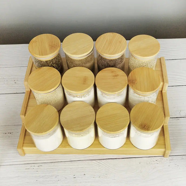 Organizador bambú con 12 contenedores vidrio 200 ml